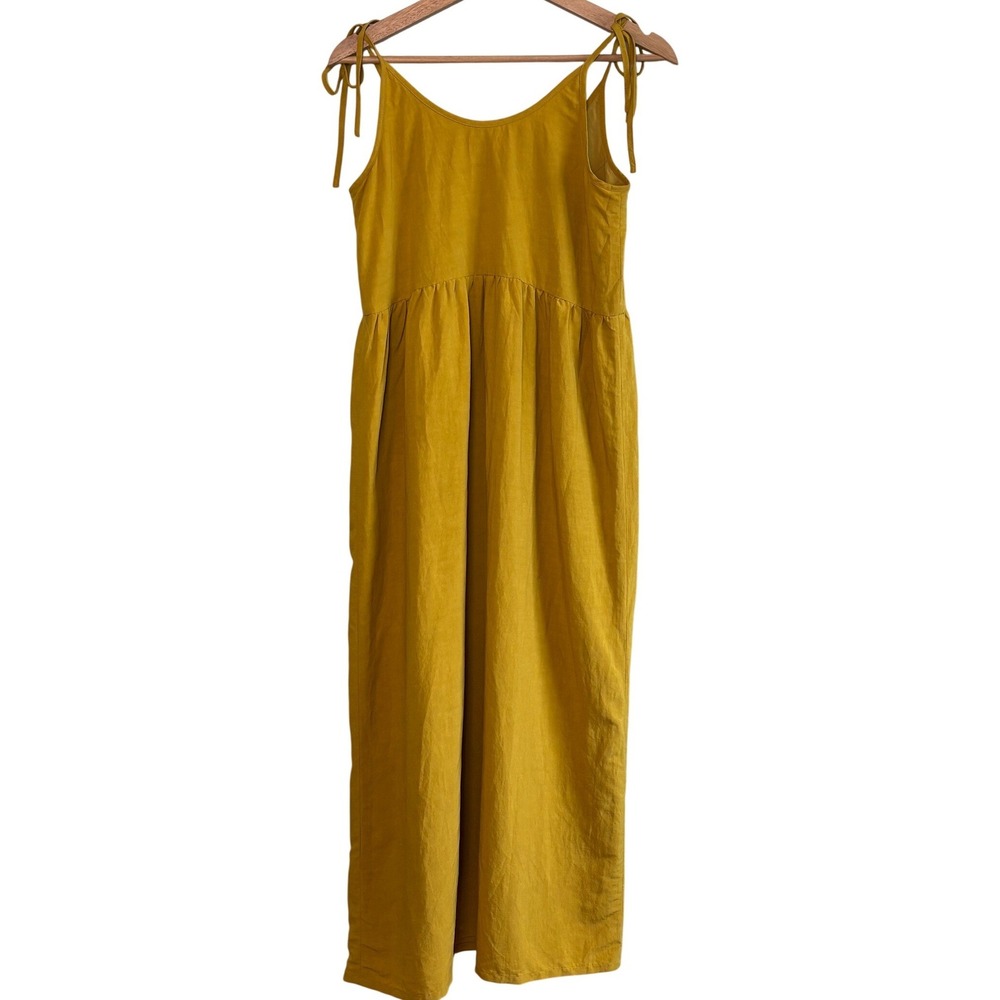Emerson Fry Midi Sun Dress Mustard Yellow XS Linen Blend‎ Tie Strap Pockets Boho - Picture 4 of 9